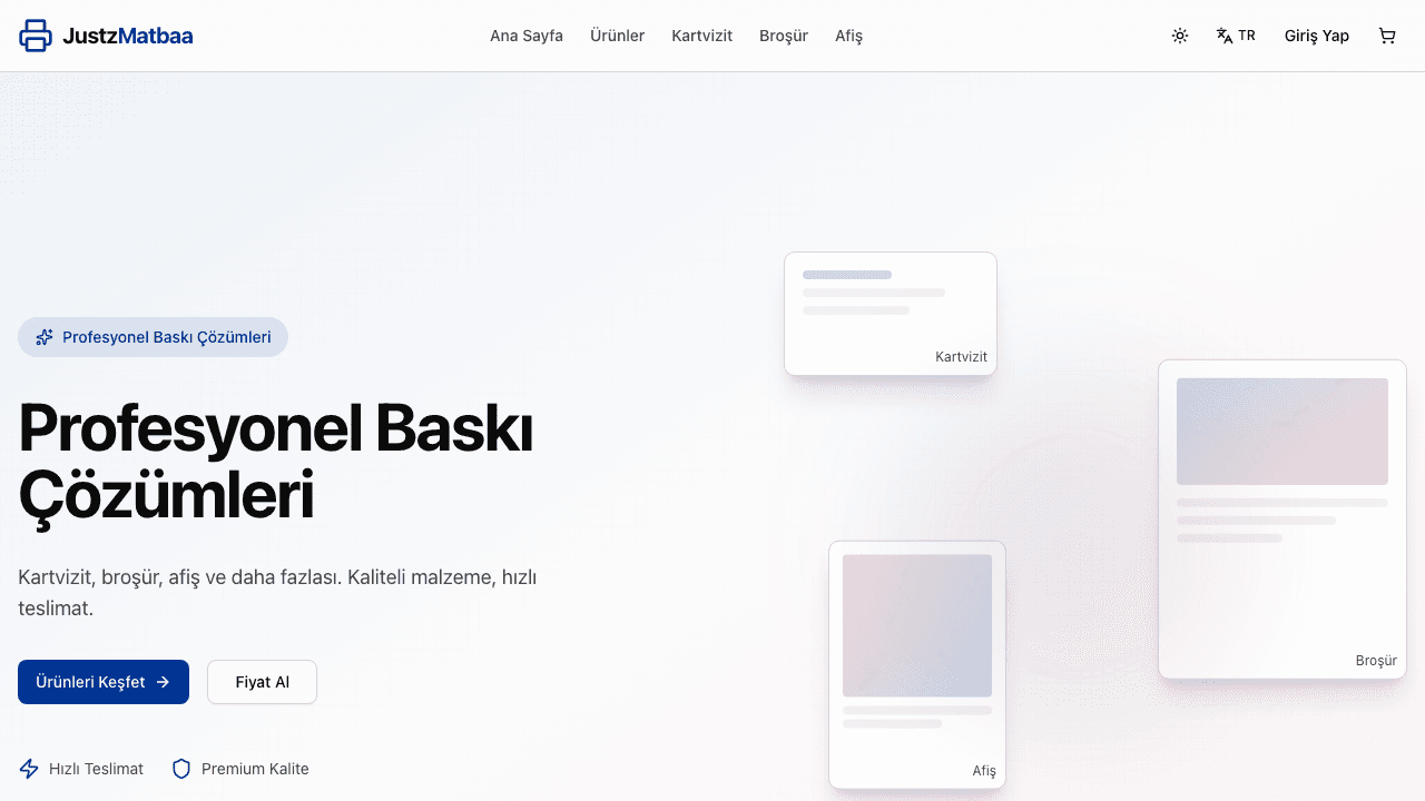 JustzMatbaa matbaa e-ticaret sitesi ana sayfa